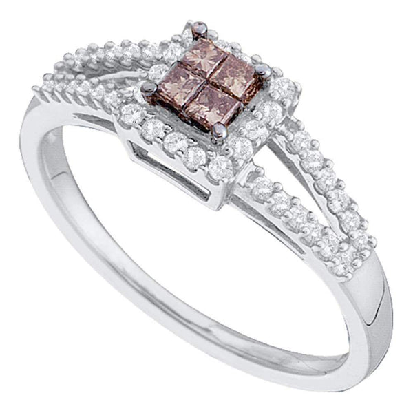 14kt White Gold Women's Princess Cognac-brown Color Enhanced Diamond Split-shank Cluster Ring 1/3 Cttw - FREE Shipping (US/CAN)-Gold & Diamond Fashion Rings-9-JadeMoghul Inc.