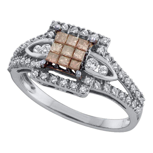 14kt White Gold Women's Princess Cognac-brown Color Enhanced Diamond Square Cluster Ring 1-2 Cttw - FREE Shipping (US/CAN)-Gold & Diamond Fashion Rings-JadeMoghul Inc.