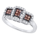 14kt White Gold Women's Princess Cognac-brown Color Enhanced Diamond Triple Cluster Ring 3-8 Cttw - FREE Shipping (US/CAN)-Gold & Diamond Fashion Rings-JadeMoghul Inc.