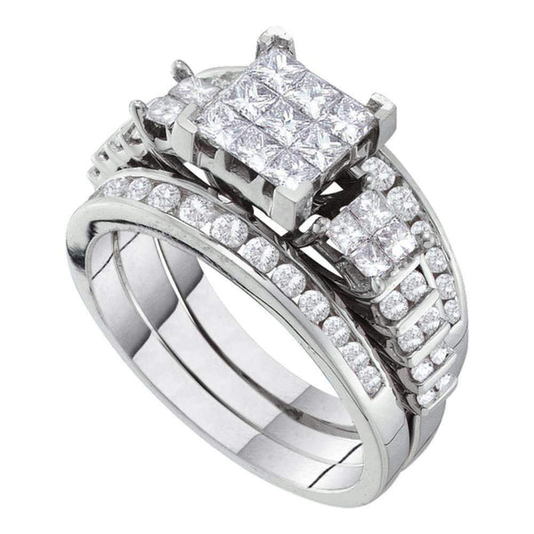 14kt White Gold Womens Princess Diamond 3-Piece Bridal Wedding Engagement Ring Band Set 1-1-2 Cttw-Gold & Diamond Wedding Ring Sets-JadeMoghul Inc.