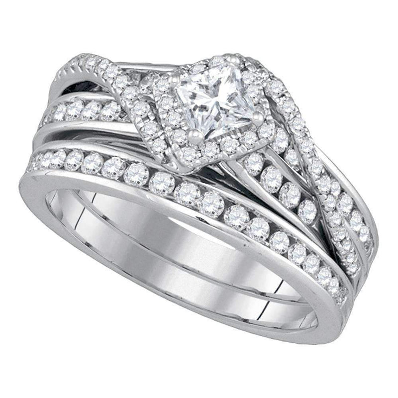 14kt White Gold Womens Princess Diamond Bridal Wedding Engagement Ring Band Set 1-1/4 Cttw-Gold & Diamond Wedding Ring Sets-8-JadeMoghul Inc.