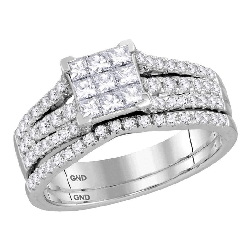 14kt White Gold Women's Princess Diamond Cluster Bridal Wedding Engagement Ring Band Set 1.00 Cttw - FREE Shipping (US/CAN)-Gold & Diamond Wedding Ring Sets-JadeMoghul Inc.