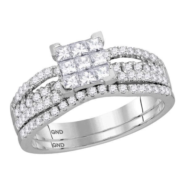 14kt White Gold Women's Princess Diamond Cluster Bridal Wedding Engagement Ring Band Set 1.00 Cttw - FREE Shipping (US/CAN)-Gold & Diamond Wedding Ring Sets-JadeMoghul Inc.