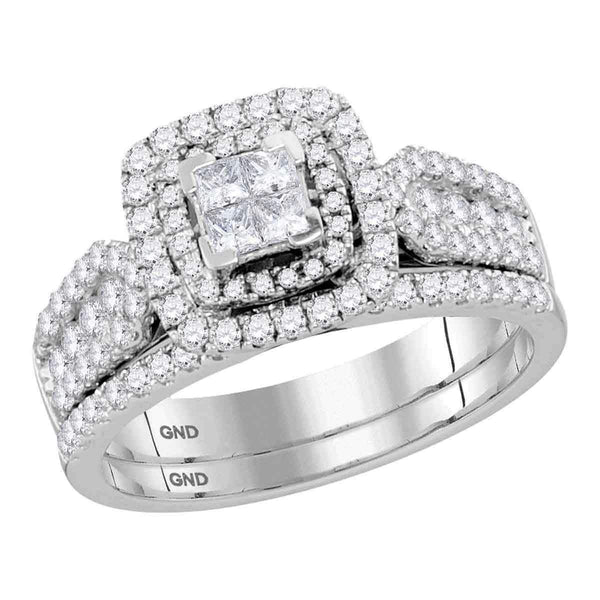 14kt White Gold Women's Princess Diamond Cluster Halo Bridal Wedding Engagement Ring Band Set 1.00 Cttw - FREE Shipping (US/CAN)-Gold & Diamond Wedding Ring Sets-JadeMoghul Inc.