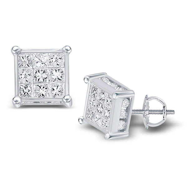 14kt White Gold Womens Princess Diamond Cluster Stud Earrings 7-8 Cttw-Gold & Diamond Earrings-JadeMoghul Inc.