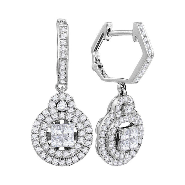 14kt White Gold Women's Princess Diamond Double Circle Frame Dangle Earrings 1.00 Cttw - FREE Shipping (USA/CAN)-Gold & Diamond Earrings-JadeMoghul Inc.