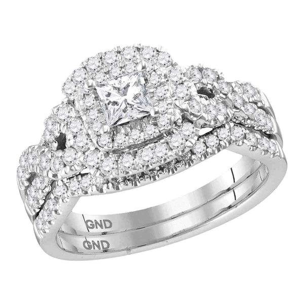 14kt White Gold Womens Princess Diamond Halo Twist Bridal Wedding Engagement Ring Band Set 1.00 Cttw (Certified)-Gold & Diamond Wedding Ring Sets-7-JadeMoghul Inc.