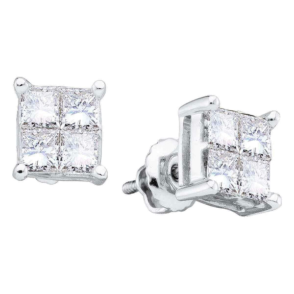 14kt White Gold Women's Princess Diamond Invisible-set Screwback Stud Earrings 1-2 Cttw - FREE Shipping (US/CAN)-Gold & Diamond Earrings-JadeMoghul Inc.