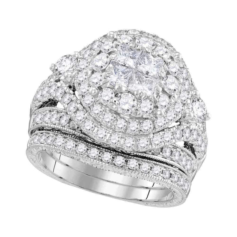 14kt White Gold Womens Princess Diamond Soleil Cluster Bridal Wedding Engagement Ring Band Set 2-3-4 Cttw-Gold & Diamond Wedding Ring Sets-JadeMoghul Inc.