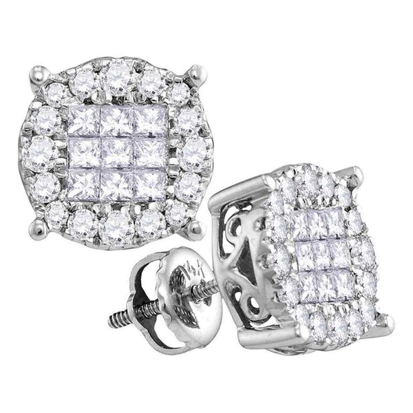 14kt White Gold Women's Princess Diamond Soleil Cluster Stud Earrings 1/4 Cttw-Gold & Diamond Earrings-JadeMoghul Inc.