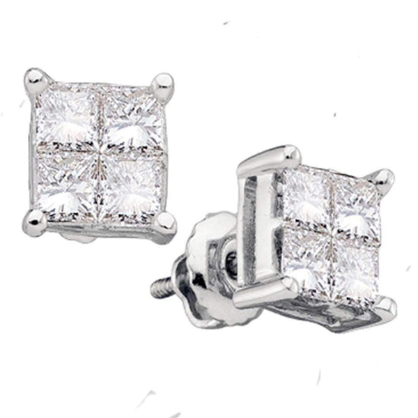 14kt White Gold Women's Princess Diamond Square Cluster Stud Earrings 1-4 Cttw - FREE Shipping (USA/CAN)-Gold & Diamond Earrings-JadeMoghul Inc.