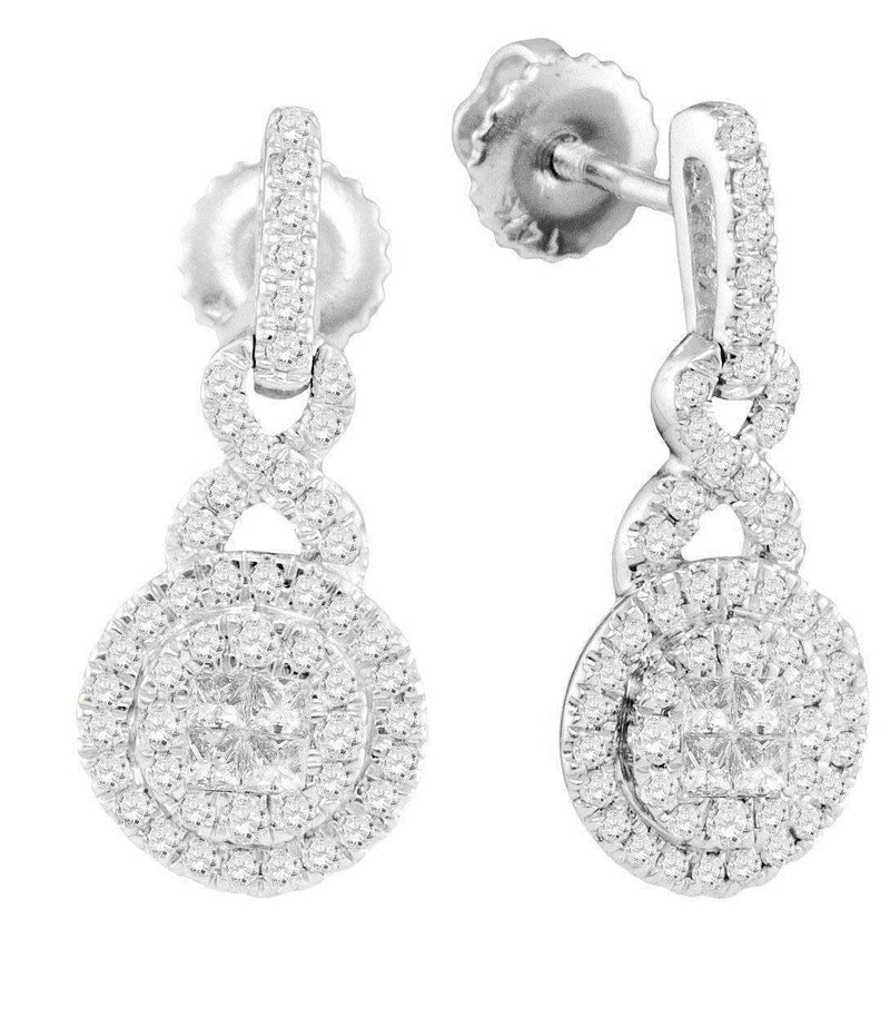 14kt White Gold Womens Princess Round Diamond Soleil Cluster Dangle Earrings 1-2 Cttw-Gold & Diamond Earrings-JadeMoghul Inc.