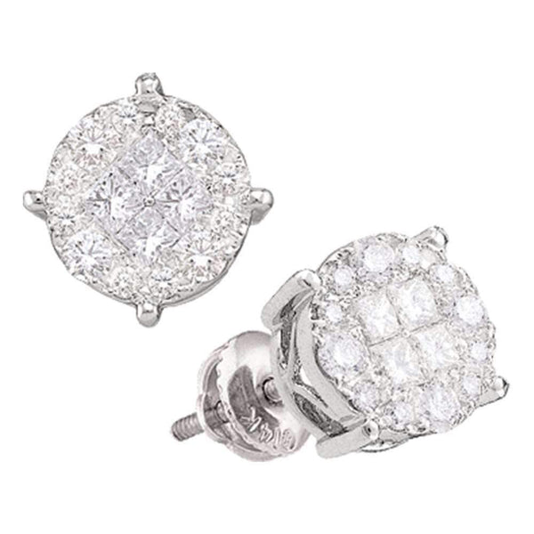 14kt White Gold Women's Princess Round Diamond Soleil Cluster Earrings 1-1-2 Cttw - FREE Shipping (US/CAN)-Gold & Diamond Earrings-JadeMoghul Inc.