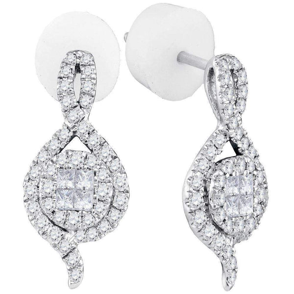 14kt White Gold Women's Princess Round Diamond Soleil Spade Cluster Earrings 1-2 Cttw - FREE Shipping (USA/CAN)-Gold & Diamond Earrings-JadeMoghul Inc.