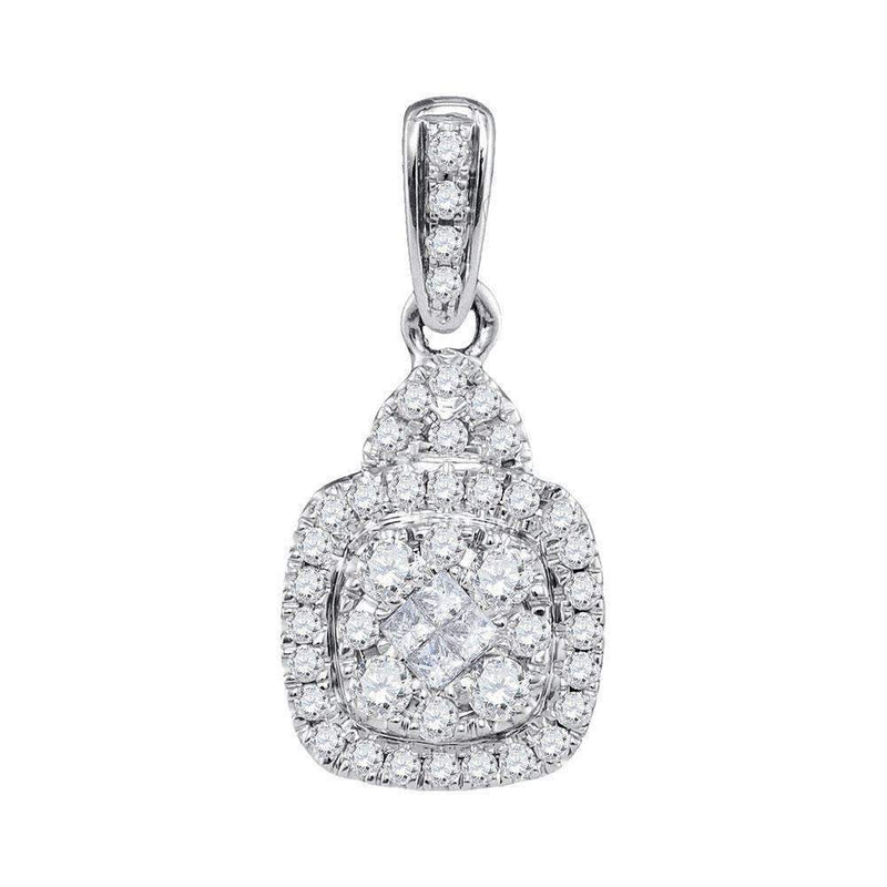 14kt White Gold Women's Princess Round Diamond Square Cluster Pendant 3-8 Cttw - FREE Shipping (US/CAN)-Gold & Diamond Pendants & Necklaces-JadeMoghul Inc.