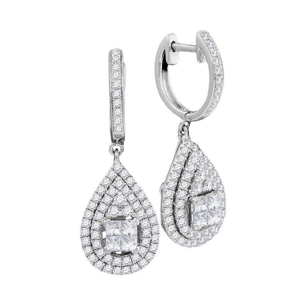 14kt White Gold Women's Princess Round Diamond Teardrop Frame Cluster Earrings 1-1-10 Cttw - FREE Shipping (USA/CAN)-Gold & Diamond Earrings-JadeMoghul Inc.