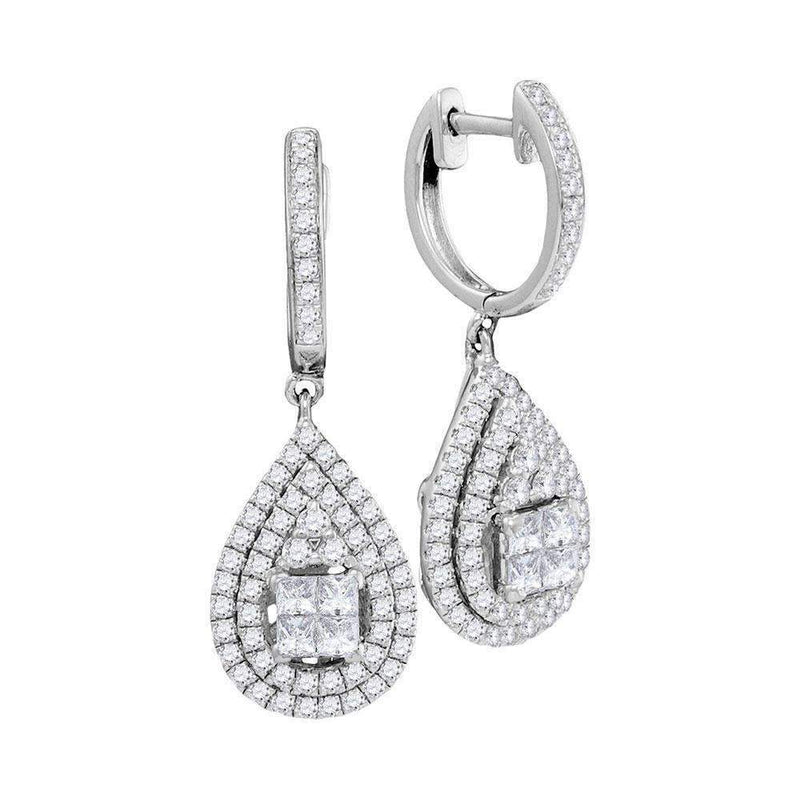 14kt White Gold Women's Princess Round Diamond Teardrop Frame Cluster Earrings 1-1-10 Cttw - FREE Shipping (USA/CAN)-Gold & Diamond Earrings-JadeMoghul Inc.