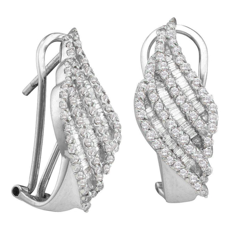 14kt White Gold Women's Round Baguette Diamond Half J Hoop French-clip Earrings 1-1-4 Cttw - FREE Shipping (USA/CAN)-Gold & Diamond Earrings-JadeMoghul Inc.