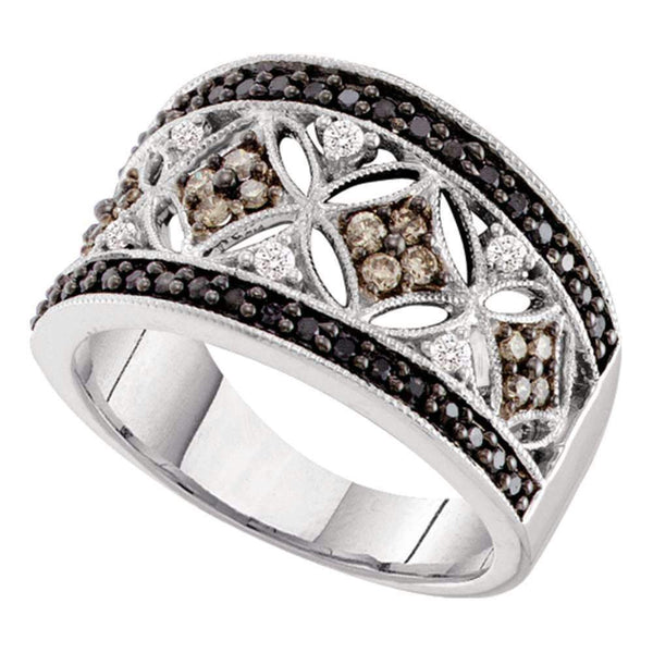 14kt White Gold Women's Round Black Cognac-brown Color Enhanced Diamond Band Ring 1/2 Cttw - FREE Shipping (US/CAN)-Gold & Diamond Fashion Rings-5-JadeMoghul Inc.