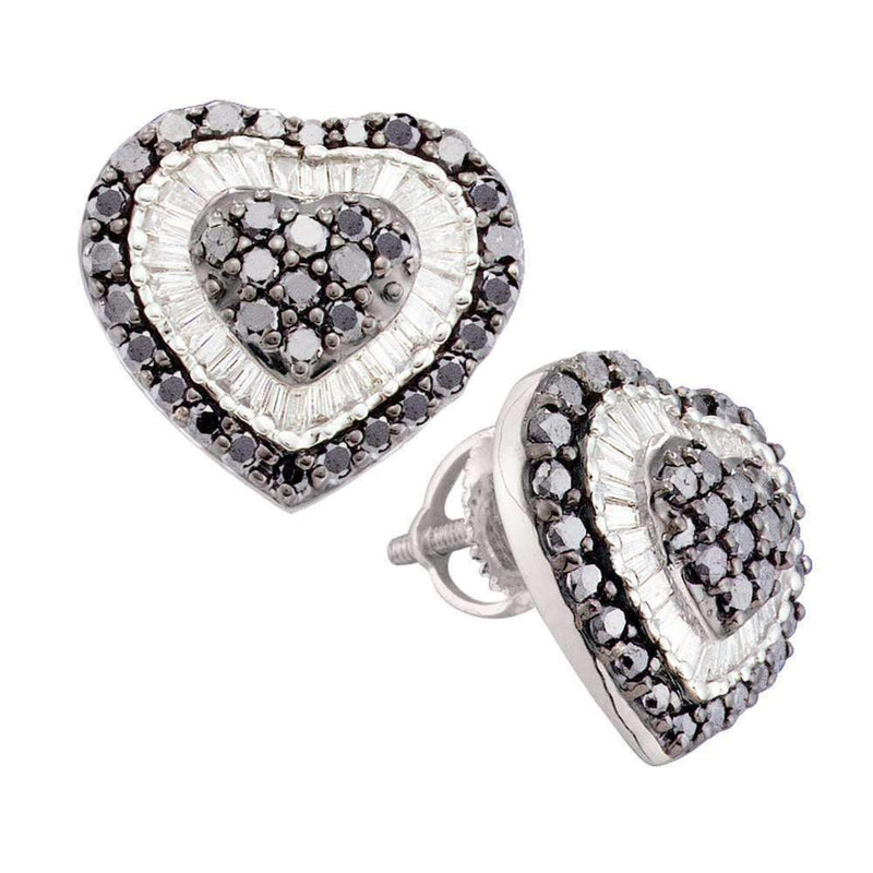 14kt White Gold Women's Round Black Color Enhanced Diamond Heart Cluster Screwback Earrings 1-1-2 Cttw - FREE Shipping (US/CAN)-Gold & Diamond Earrings-JadeMoghul Inc.