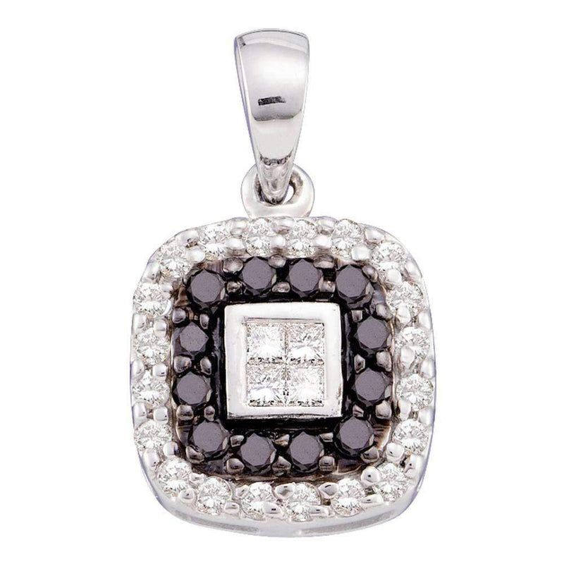14kt White Gold Women's Round Black Color Enhanced Diamond Square Pendant 1-2 Cttw - FREE Shipping (US/CAN)-Gold & Diamond Pendants & Necklaces-JadeMoghul Inc.