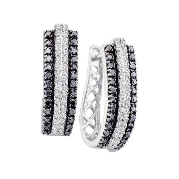14kt White Gold Women's Round Black Color Enhanced Diamond Triple Row Vertical Stripe Hoop Earrings 1.00 Cttw - FREE Shipping (USA/CAN)-Gold & Diamond Earrings-JadeMoghul Inc.
