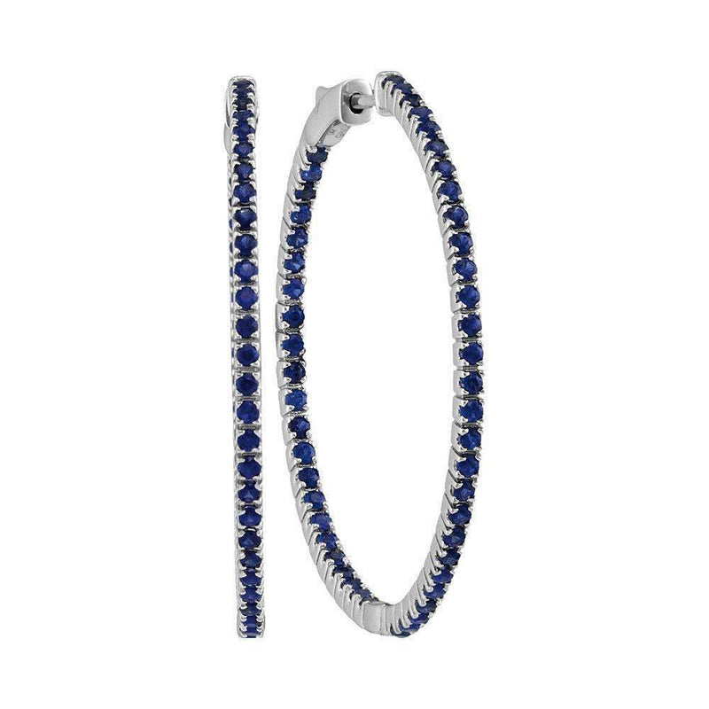 14kt White Gold Women's Round Blue Sapphire Large Slender Inside Outside Hoop Earrings 2-7-8 Cttw - FREE Shipping (USA/CAN)-Gold & Diamond Earrings-JadeMoghul Inc.