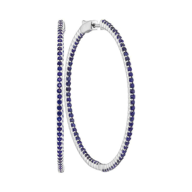 14kt White Gold Women's Round Blue Sapphire Large Slender Inside Outside Hoop Earrings 3-1-2 Cttw - FREE Shipping (USA/CAN)-Gold & Diamond Earrings-JadeMoghul Inc.