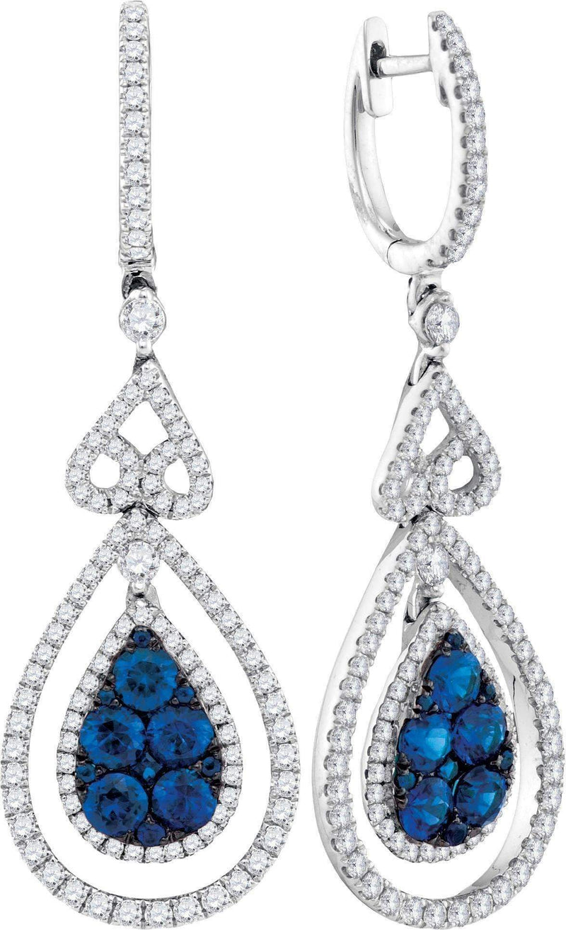 14kt White Gold Women's Round Blue Sapphire Teardrop Diamond Dangle Earrings 1-5-8 Cttw - FREE Shipping (USA/CAN)-Gold & Diamond Earrings-JadeMoghul Inc.