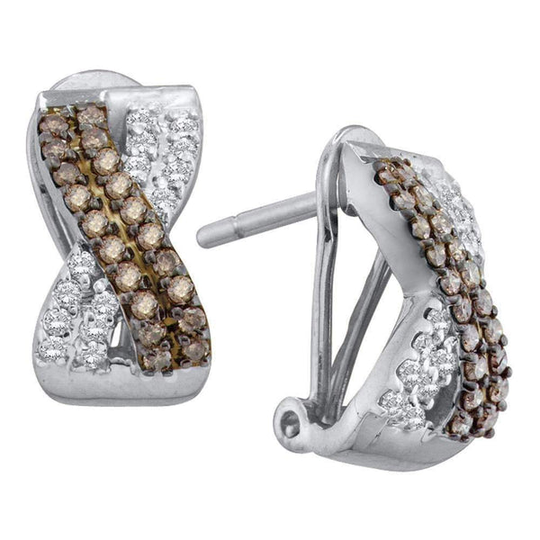 14kt White Gold Women's Round Brown Color Enhanced Diamond Crossover Hoop Earrings 1-2 Cttw - FREE Shipping (USA/CAN)-Gold & Diamond Earrings-JadeMoghul Inc.