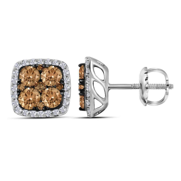 14kt White Gold Women's Round Brown Color Enhanced Diamond Square Cluster Earrings 2.00 Cttw - FREE Shipping (US/CAN)-Gold & Diamond Earrings-JadeMoghul Inc.