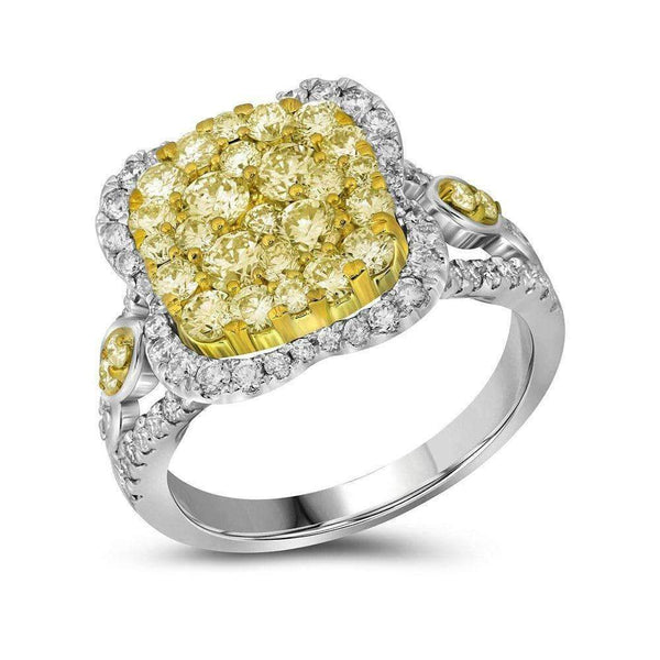 14kt White Gold Womens Round Canary Yellow Diamond Cluster Ring 1-5-8 Cttw-Gold & Diamond Cluster Rings-JadeMoghul Inc.