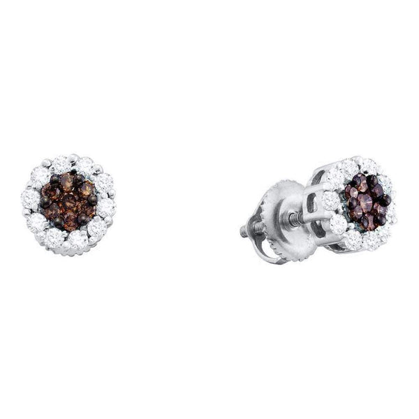 14kt White Gold Women's Round Cognac-brown Color Enhanced Diamond Cluster Earrings 1.00 Cttw - FREE Shipping (USA/CAN)-Gold & Diamond Earrings-JadeMoghul Inc.