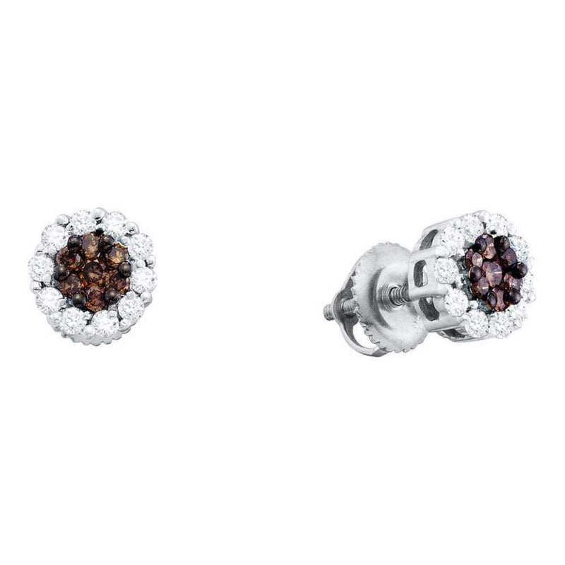 14kt White Gold Women's Round Cognac-brown Color Enhanced Diamond Cluster Earrings 1.00 Cttw - FREE Shipping (USA/CAN)-Gold & Diamond Earrings-JadeMoghul Inc.