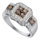 14kt White Gold Women's Round Cognac-brown Color Enhanced Diamond Cluster Ring 1.00 Cttw - FREE Shipping (US/CAN)-Gold & Diamond Cluster Rings-5-JadeMoghul Inc.