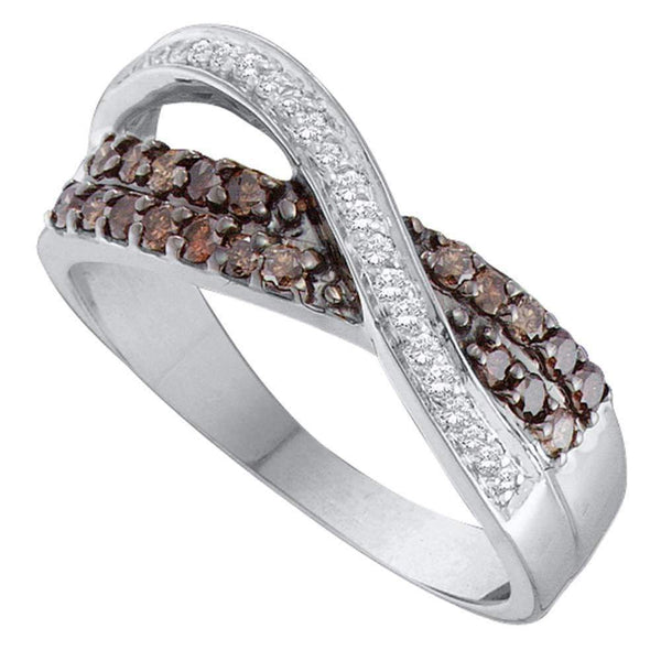 14kt White Gold Women's Round Cognac-brown Color Enhanced Diamond Crossover Band Ring 1/2 Cttw - FREE Shipping (US/CAN)-Gold & Diamond Bands-5-JadeMoghul Inc.