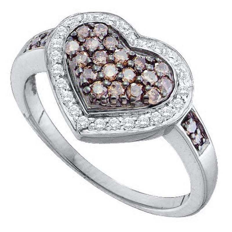 14kt White Gold Women's Round Cognac-brown Color Enhanced Diamond Framed Heart Cluster Ring 1/2 Cttw - FREE Shipping (US/CAN)-Gold & Diamond Heart Rings-5-JadeMoghul Inc.