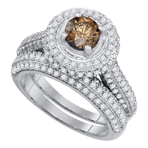 14kt White Gold Women's Round Cognac-brown Color Enhanced Diamond Halo Bridal Wedding Engagement Ring Band Set 2-1/12 Cttw - FREE Shipping (US/CAN)-Gold & Diamond Wedding Ring Sets-8.5-JadeMoghul Inc.
