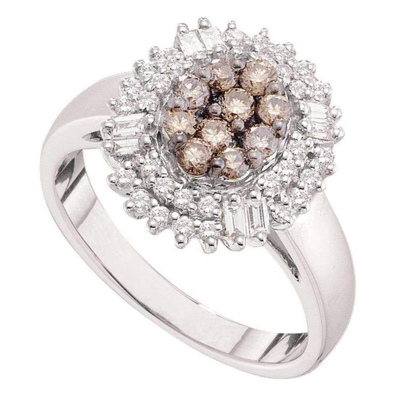 14kt White Gold Women's Round Cognac-brown Color Enhanced Diamond Oval Frame Cluster Ring 3/4 Cttw - FREE Shipping (US/CAN)-Gold & Diamond Cluster Rings-5-JadeMoghul Inc.