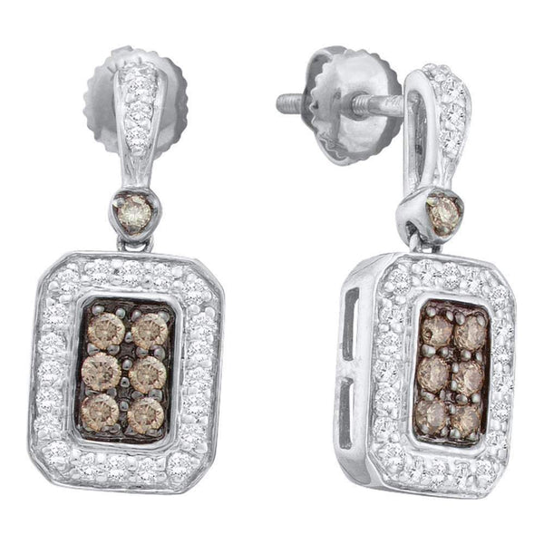 14kt White Gold Women's Round Cognac-brown Color Enhanced Diamond Rectangle Dangle Earrings 1-2 Cttw - FREE Shipping (US/CAN)-Gold & Diamond Earrings-JadeMoghul Inc.