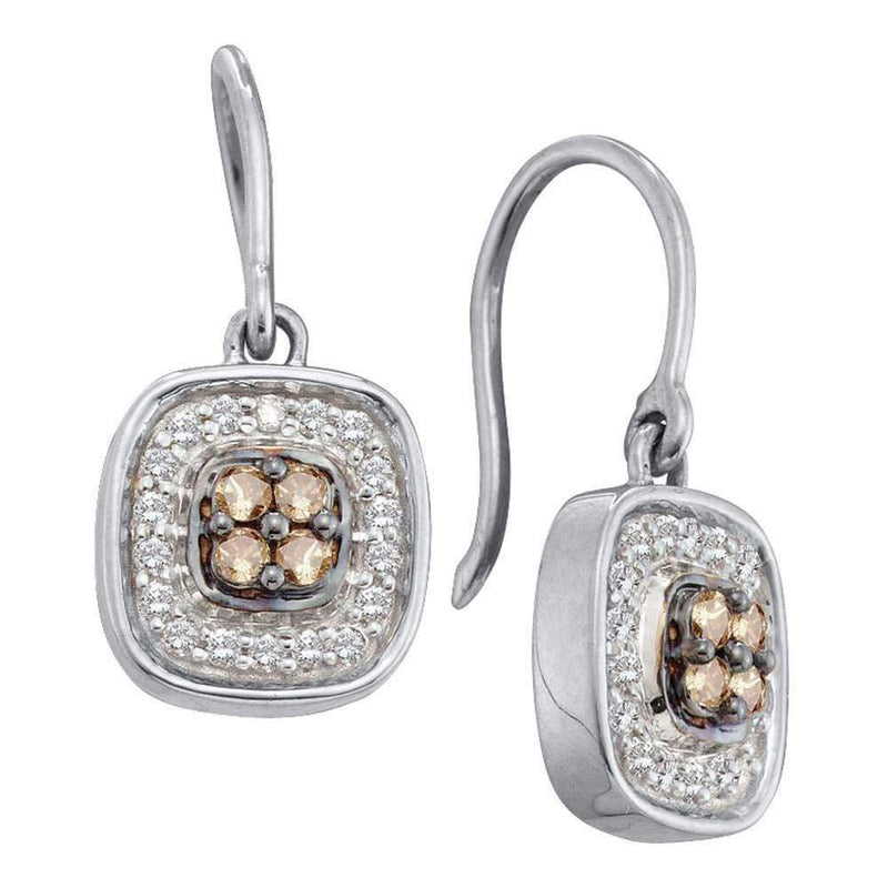 14kt White Gold Women's Round Cognac-brown Color Enhanced Diamond Square Cluster Dangle Earrings 1-3 Cttw - FREE Shipping (US/CAN)-Gold & Diamond Earrings-JadeMoghul Inc.
