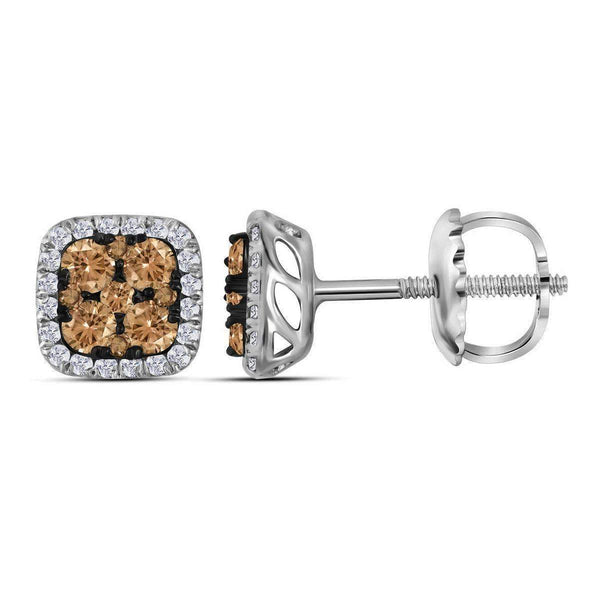 14kt White Gold Women's Round Cognac-brown Color Enhanced Diamond Square Cluster Earrings 1-2 Cttw - FREE Shipping (USA/CAN)-Gold & Diamond Earrings-JadeMoghul Inc.