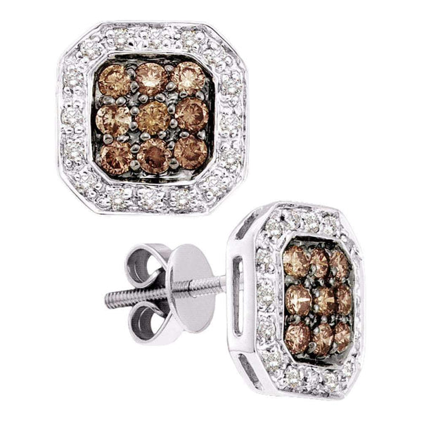 14kt White Gold Women's Round Cognac-brown Color Enhanced Diamond Square Cluster Stud Earrings 3-4 Cttw - FREE Shipping (USA/CAN)-Gold & Diamond Earrings-JadeMoghul Inc.