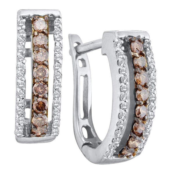 14kt White Gold Women's Round Cognac-brown Color Enhanced Diamond Triple Row Huggie Earrings 3-8 Cttw - FREE Shipping (US/CAN)-Gold & Diamond Earrings-JadeMoghul Inc.