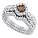 14kt White Gold Women's Round Cognac-brown Diamond Halo Bridal Wedding Engagement Ring Band Set 1-1/6 Cttw - FREE Shipping (US/CAN)-Gold & Diamond Wedding Ring Sets-5-JadeMoghul Inc.