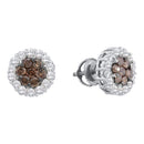 14kt White Gold Women's Round Color Enhanced Brown Diamond Flower Cluster Earrings 1-1-2 Cttw - FREE Shipping (US/CAN)-Gold & Diamond Earrings-JadeMoghul Inc.