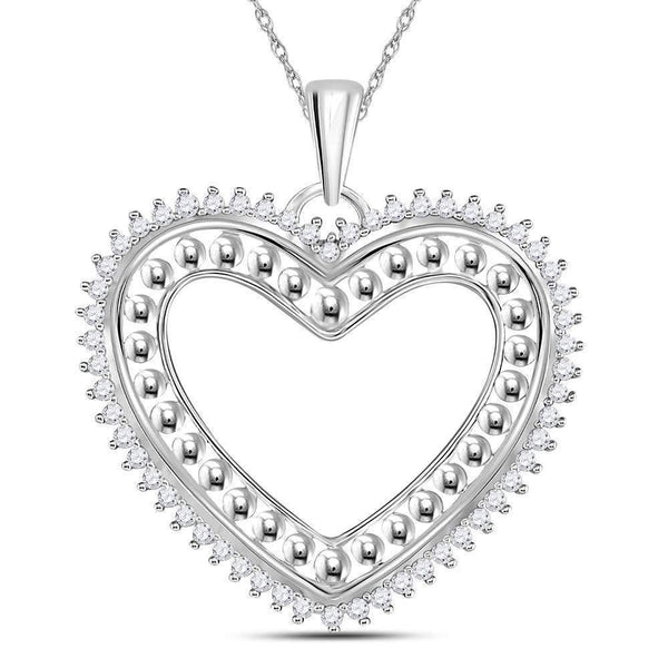 14kt White Gold Womens Round Diamond Beaded Heart Pendant 1-4 Cttw-Gold & Diamond Pendants & Necklaces-JadeMoghul Inc.