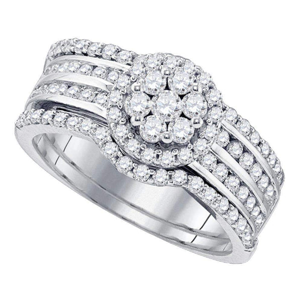 14kt White Gold Women's Round Diamond Cluster 3-Piece Bridal Wedding Engagement Ring Band Set 1-1-10 Cttw - FREE Shipping (US/CAN)-Gold & Diamond Wedding Ring Sets-JadeMoghul Inc.