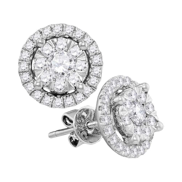 14kt White Gold Women's Round Diamond Concentric Circle Frame Cluster Earrings 1.00 Cttw - FREE Shipping (USA/CAN)-Gold & Diamond Earrings-JadeMoghul Inc.