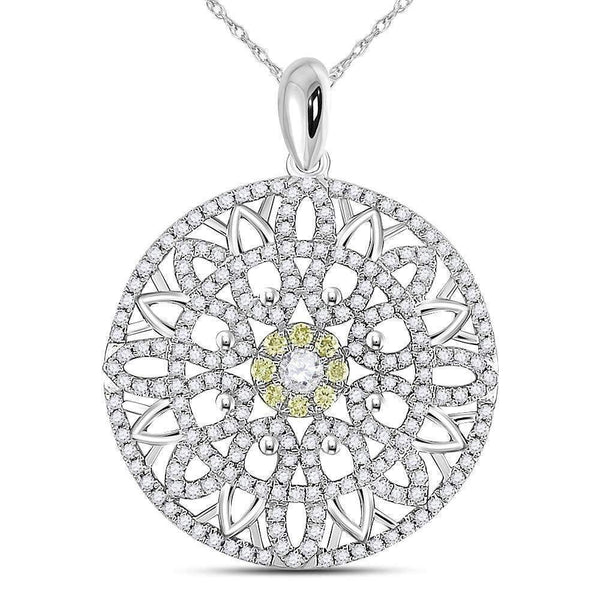 14kt White Gold Womens Round Diamond Concentric Sunburst Circle Pendant 1.00 Cttw-Gold & Diamond Pendants & Necklaces-JadeMoghul Inc.